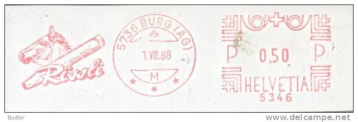 HELVETIA:1988:Red Postal Metermark On Fragment:ROKEN,FUMER,SMOKE,SIGAAR,CIGARE,CIGAR,CHEVAL,HORSE,##Rïsli## - Tabac