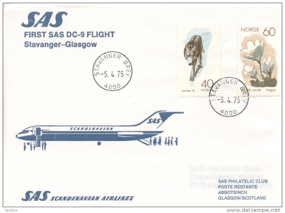 Norway First SAS Flight DC-9 Stavanger - Glasgow 5-4-1975 Good Stamped Cover - Storia Postale