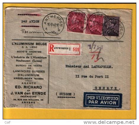 429/431 Op Aangetekende Luchtpost Brief Met Stempel ANTWERPEN Naar Gevene, Met Censuur - 1936-51 Poortman