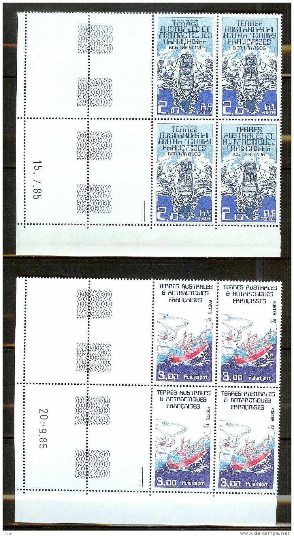 TAAF  N° 120 X 4 Coin Daté 15-7-85; 121 X 4 Coin Daté 20-9-85  Le VAR Et Le POLARBJORN - Unused Stamps