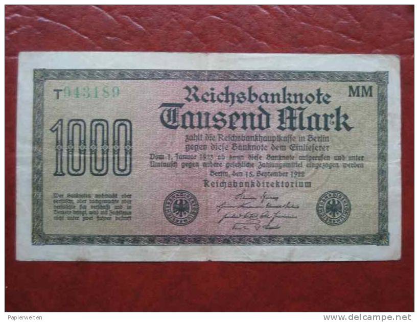 1000 Mark 1922 Rcichsbanknote (WPM 76h) 15.9.1922 - 1.000 Mark