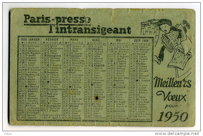 Calendrier Paris Presse L'Intransigeant 1950 - Formato Piccolo : 1941-60
