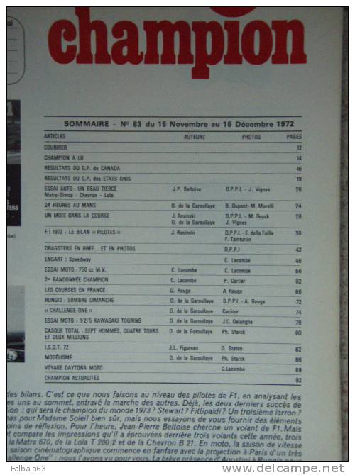 ++MOTO-AUTO-CHAMPION --N° 83--15 Novembre Au 15 Décembre 1972-Essai 750 MV- Photos  Dragsters-Etc... - Auto/Motorrad