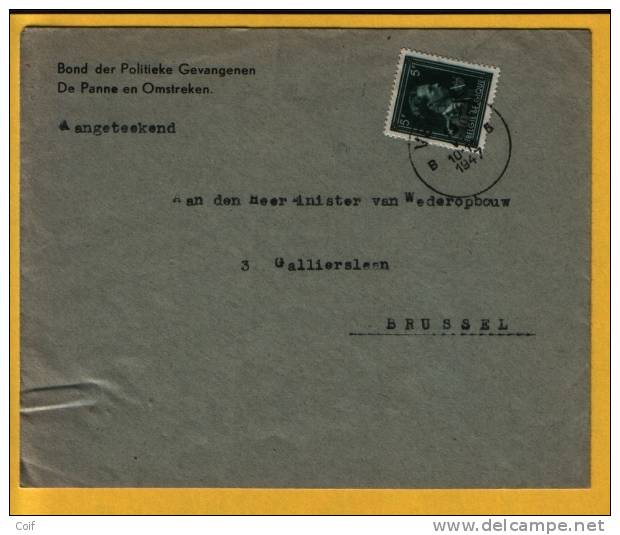 724T  Op Brief Met Hoofding "Bond Der Politieke Gevangenen, De Panne En Omstreken"  Met Stempel VEURNE (VK) - 1946 -10%