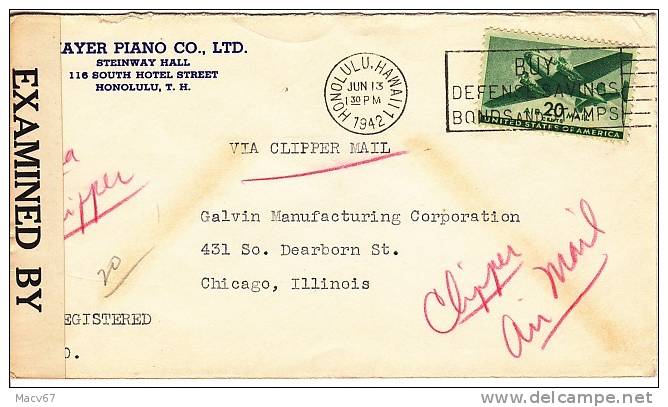 U.S.  COVER POSTAL HISTORY HAWAII JUNE, 1942 CENSORED VIA CLIPPER To US - 2c. 1941-1960 Covers