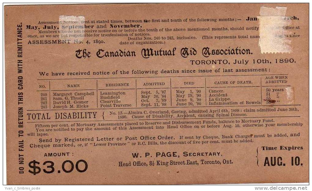 CANADA ENTIER POSTAL THE CANADIAN MUTUAL TORONTO - 1860-1899 Victoria