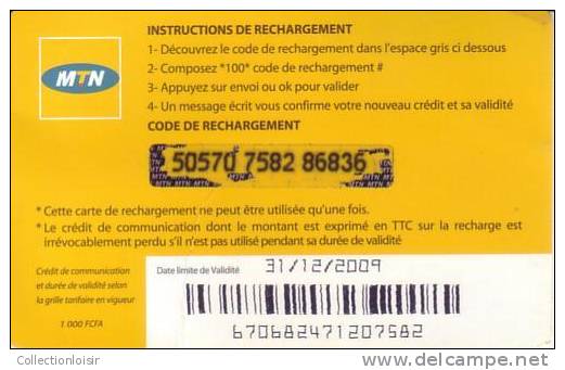 CARTE  TELEPHONIQUE  AIRTIME 1.000  FRANCS  COTE  D´IVOIRE   MTN - Côte D'Ivoire