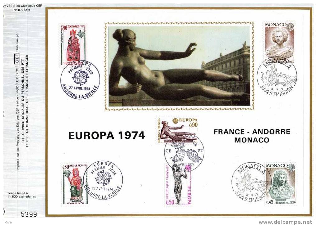 Feuillet CEF EUROPA En 1° Jour  France  Monaco Andorre De 1974 - Otros & Sin Clasificación