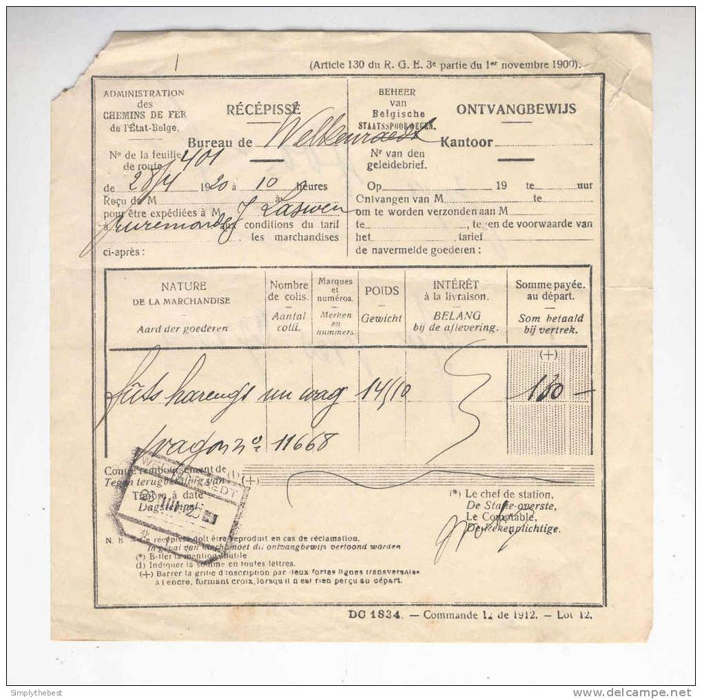CANTONS De L´EST - Document Chemins De Fer Récépissé Cachet De Gare WELKENRAEDT 1920  --  MM145 - Other & Unclassified