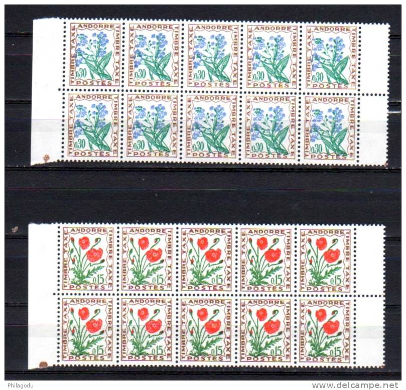 Andorre 1964-71, Fleurs Des Champs, TAXE 48 Et 50**  Blocs De 10 - Unused Stamps