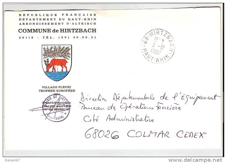 795 -  HIRTZBACH Haut Rhin - Entête Mairie HIRTZBACH - 1987 - - Sonstige & Ohne Zuordnung