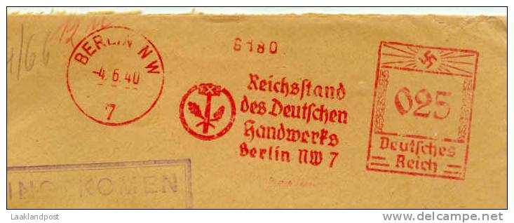 Firm CENSOR Cover Deutsche Handwerk Top Meter Freistempel EMA Berlin, 4-6-1940 Censor Cancel To Netherlands - Brieven En Documenten