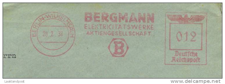 Firm Cover Bergmann Elektricity Top Meter Freistempel EMA Berlin, 28-2-1938 To Netherlands - Elektriciteit