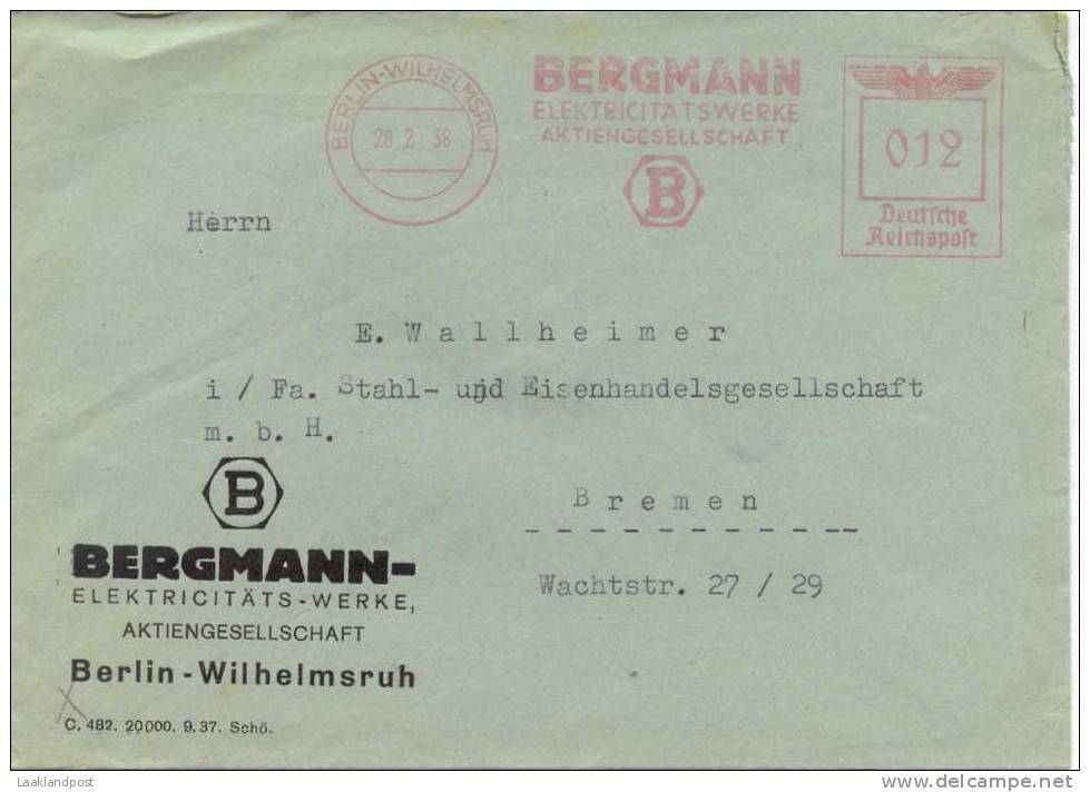 Firm Cover Bergmann Elektricity Top Meter Freistempel EMA Berlin, 28-2-1938 To Netherlands - Elektriciteit