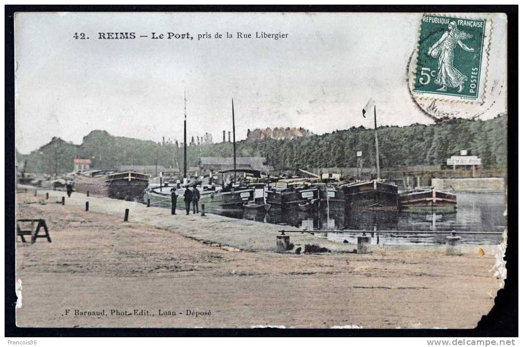 REIMS - Le Port Pris De La Rue Libergier - Péniches - 1909 - Dos écrit - Un Coin Abimé - Reims