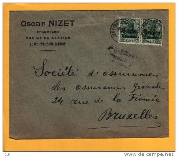 Lettre TP Germania Cachet JEMEPPE-SUR-MEUSE - Censure - Entete " PHARMACIEN / NIZET " (VK) - OC26/37 Etappengebiet