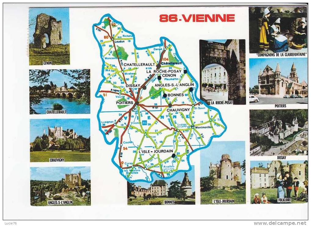VIENNE -  Carte D´après MICHELIN N°  989  Du Département -  11 Vues : Cenon, Chatellerault, Chauvigny, Angles S L´Anglin - Autres & Non Classés