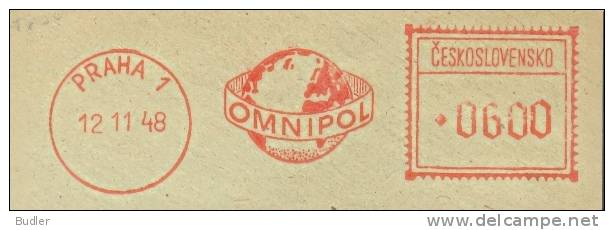 CESKOSLOVENSKO : 1948 : Red Postal Metermark On Fragment : POLITIE,POLICE,##OMNIPOL##,WERELDBOL,GLOBE, - Polizia – Gendarmeria