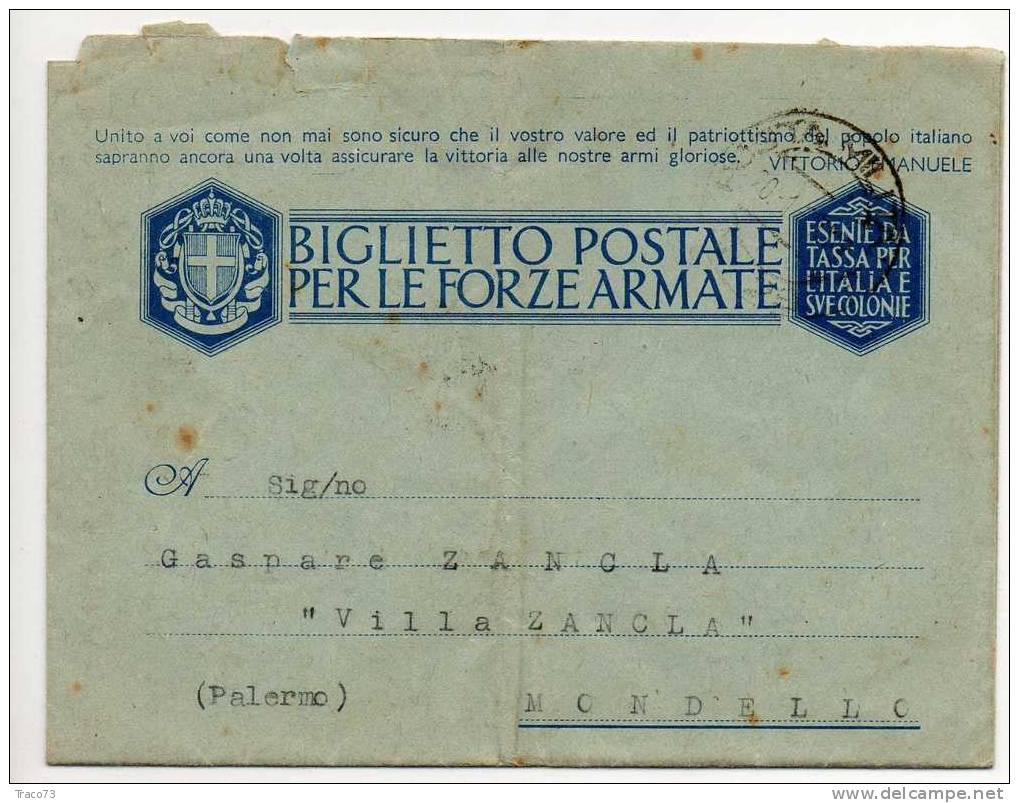 20.01.1943 - Biglietto Postale Per  Le Forze Armate -  64° Reggimento Fanteria "Cagliari" Comando 2° Battaglione - Franchise