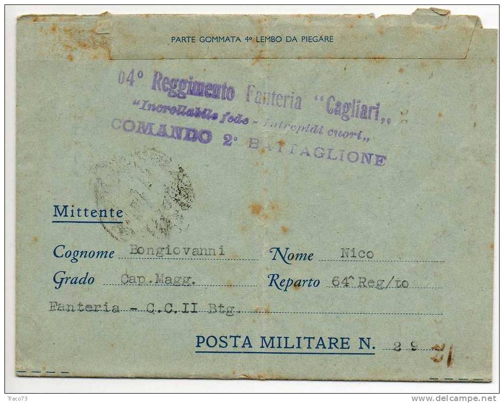 20.01.1943 - Biglietto Postale Per  Le Forze Armate -  64° Reggimento Fanteria "Cagliari" Comando 2° Battaglione - Franchise