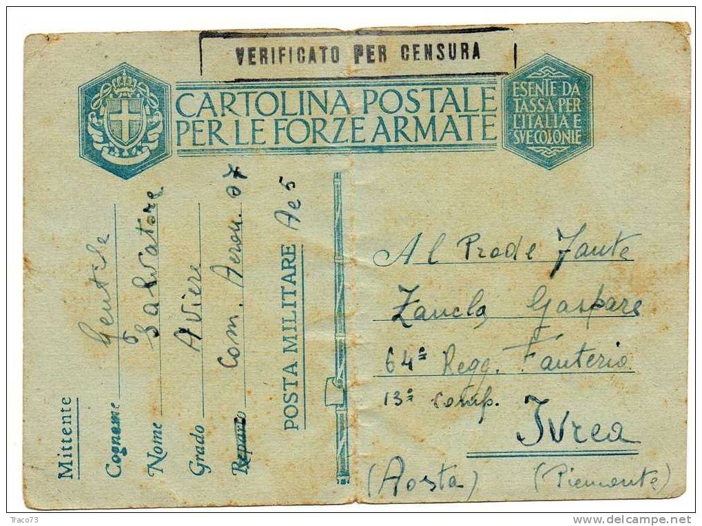 05.02.1941 - Cartolina Postale Per  Le Forze Armate -  Comando Aeromobili - Franchise