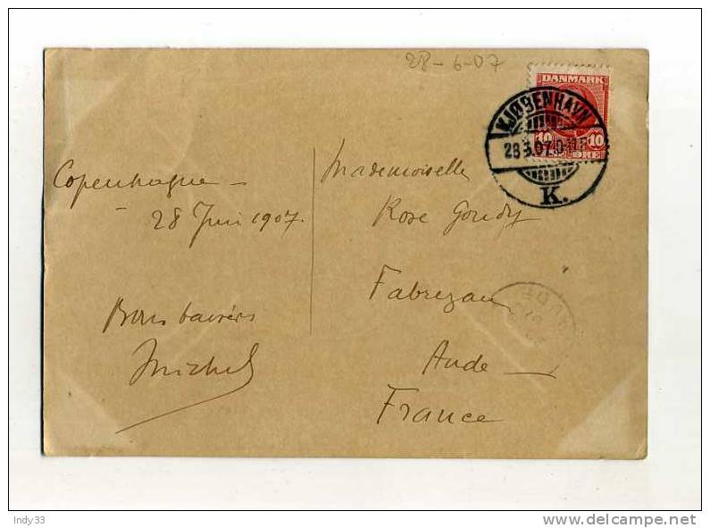 - DANEMARK . AFFRANCHISSEMENT SIMPLE  SUR CPA DE 1907 POUR LA FRANCE . - Lettres & Documents