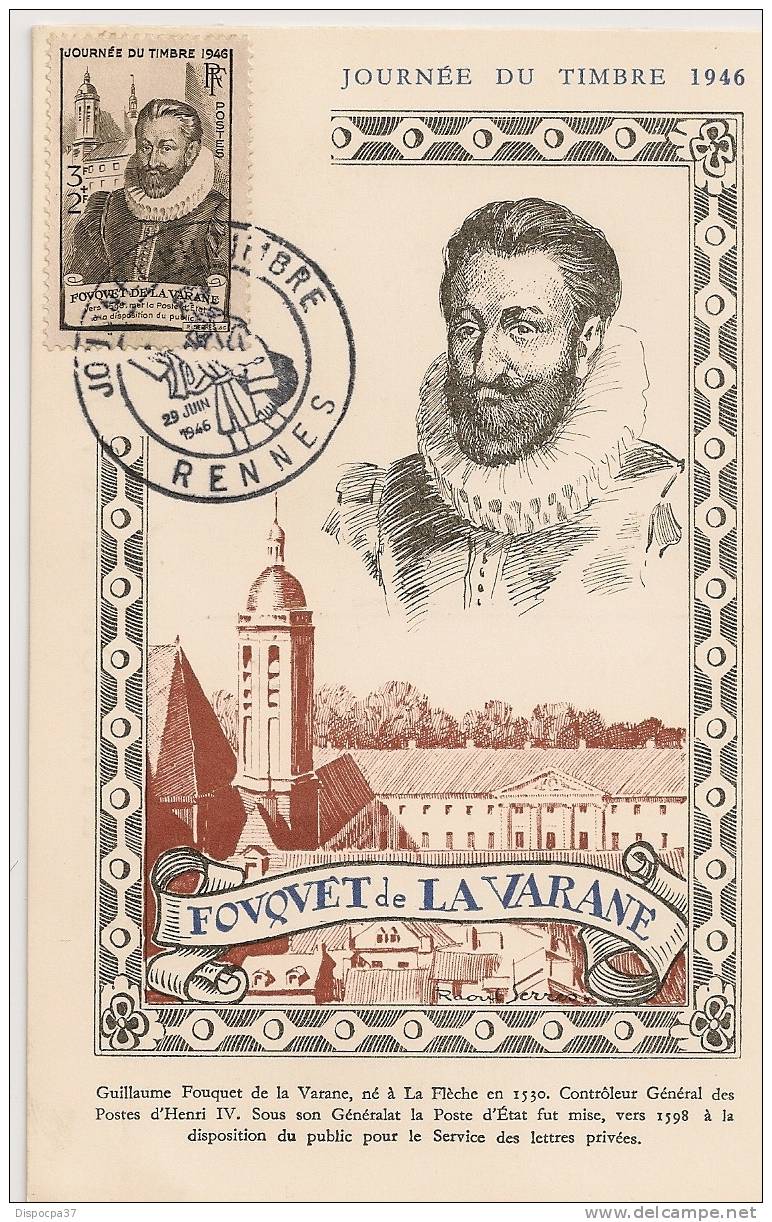 CARTE 1er JOUR" JOURNEE DU TIMBRE" FOUQUET DE LA VARANE - 29 JUIN 1946-RENNES - Non Classés