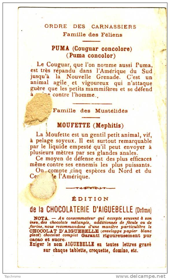 CHROMO Chocolat Aiguebelle Le Monde Des Mammifères Puma (couguar) Moufette (mephitis) Amérique Du Sud Carnassiers - Aiguebelle