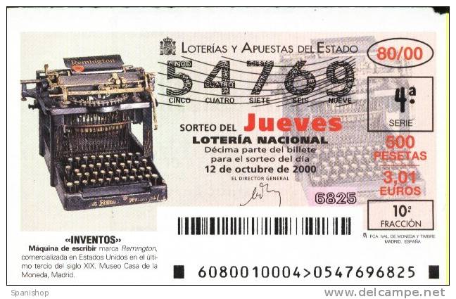 Spain Lottery Ticket Inventions MAQUINA DE ESCRIBIR - TYPEWRITE MACHINE - Loterijbiljetten