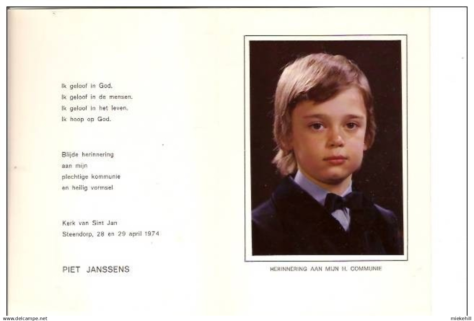 STEENDORP-SOUVENIR COMMUNION PIET JANSSENS-HERRINERING H. COMMUNIE 1974 - Comunión Y Confirmación