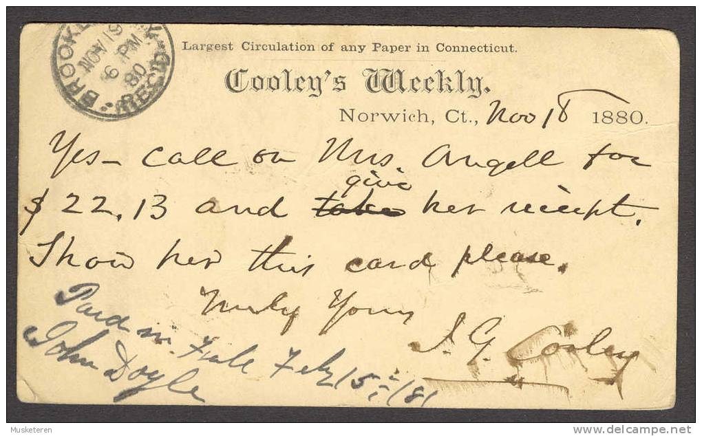 United States Private Postal Stationery Ganzsache US Postal Card Cooley´s Weekly NORWICH Conn. 1880 To Brooklyn Arrival - ...-1900