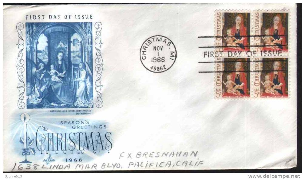 Fdc Usa 1966 Religions Tableaux Memling 1430 1494 La Mère & L'Enfant Noël Bloc 4 - Quadri