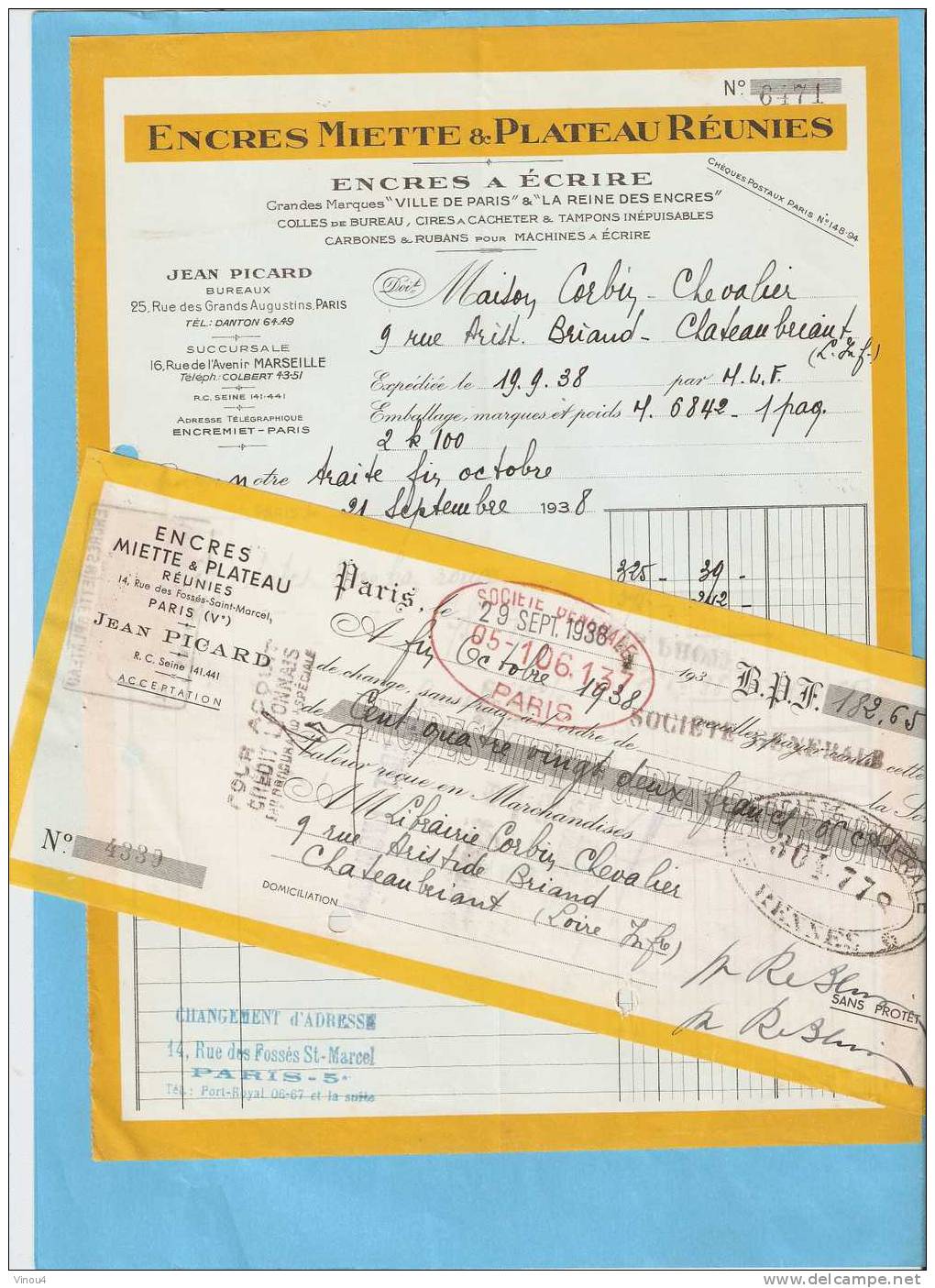 Facture Encres Miette Et Plateau Réunies Jean Picard - Encres à Ecrire Paris V 1938 Avec Sa Lettre De Change - Druck & Papierwaren