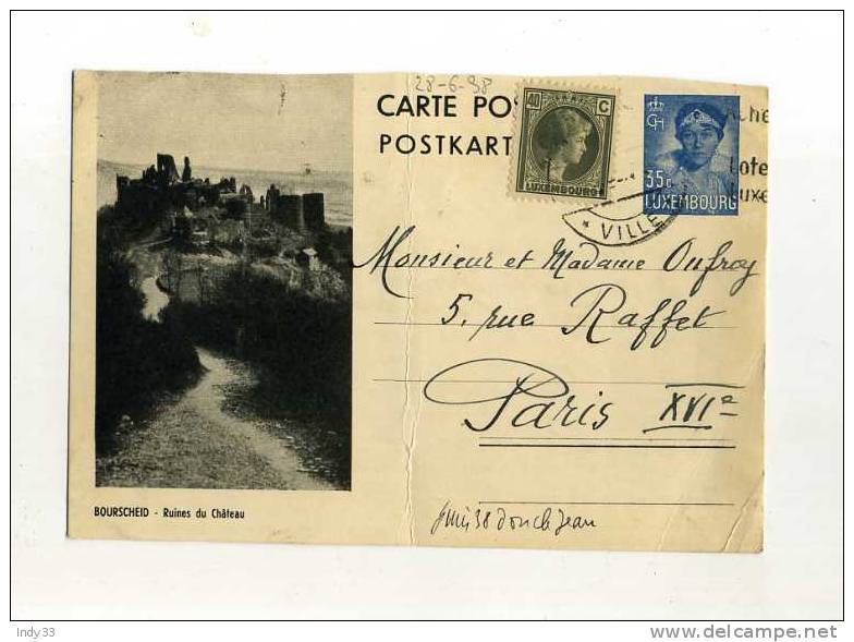 - LUXEMBOURG ENTIER POSTAL .  AFFRANCHISSEMENT COMPOSE AVEC ENTIER DE 35c SUR CP DE 1938 POUR LA FRANCE . - Stamped Stationery