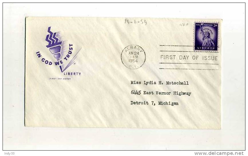 - ETATS UNIS FDC 1951/60 . AFFRANCHISSEMENT SIMPLE SUR ENVELOPPE DE 1954 . FIRST DAY COVER - 1951-1960