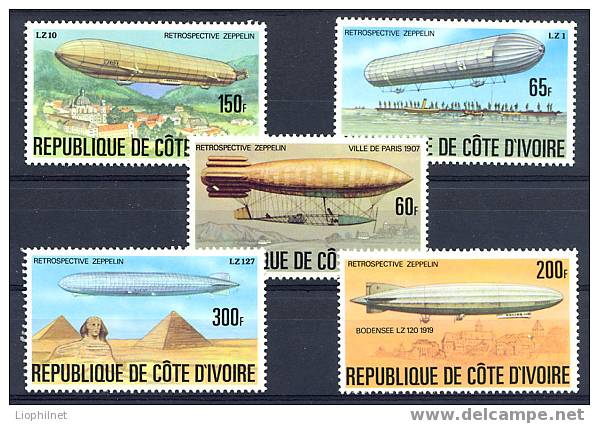 COTE D'IVOIRE 1977, ZEPPELINS, 5 Valeurs, NEUFS / Mint. R471 - Zeppelin