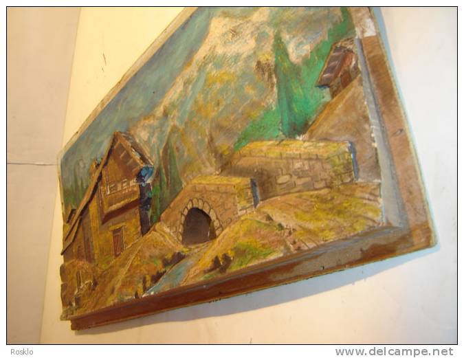 Art Populaire / TABLEAU PAYSAGE DE MONTAGNE EN BOIS SCULTE ET PEINT 52X24CM / BEL ETAT - Hout