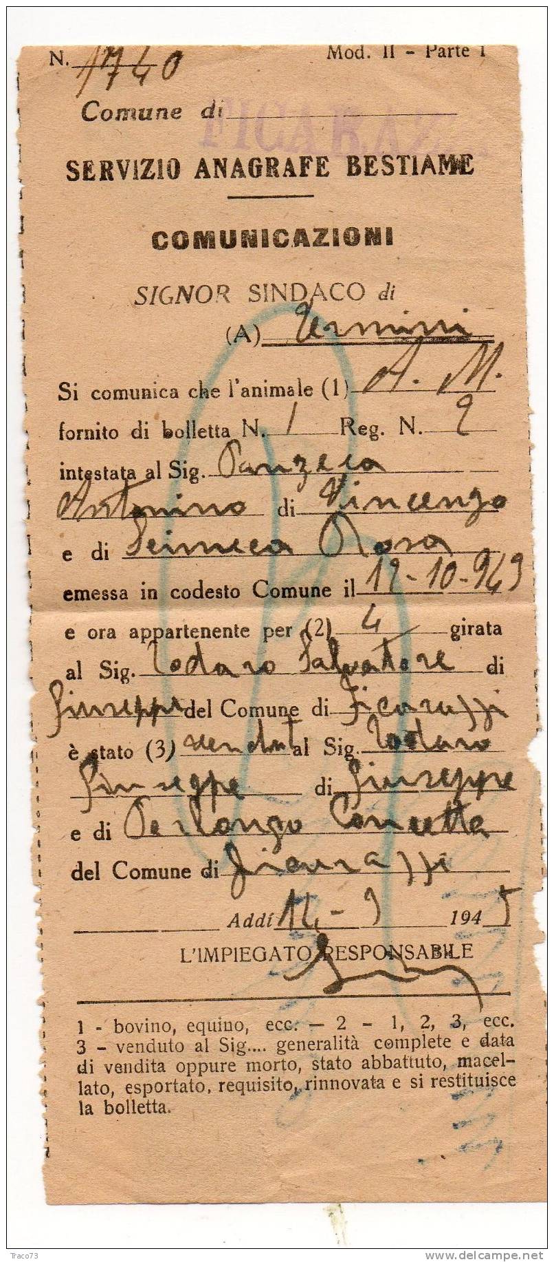 Servizio Anagrafe Bestiame 18.05.1945 - Luogotenenza - Cent. 50 Posta Aerea "PM" - Isolato - Marcophilie