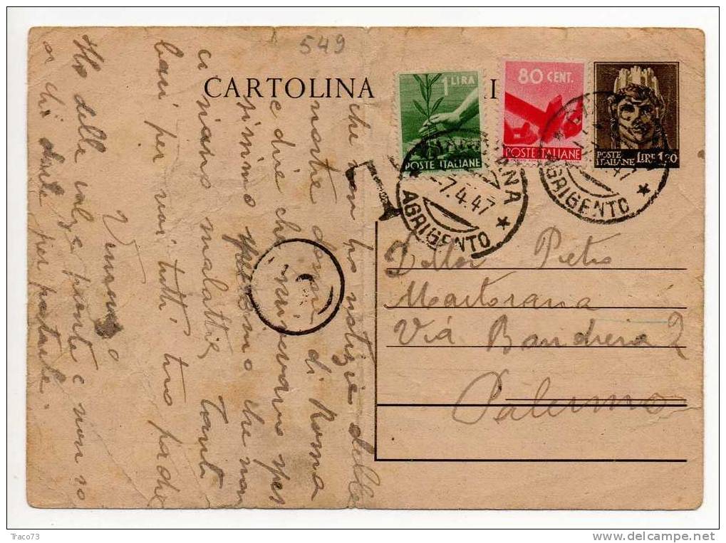 07.04.1947 - Luogotenenza -  Card / Cartolina Postale  Da Lire 1,20 +  L.1+ 80 Cent. Democratica - Marcophilie