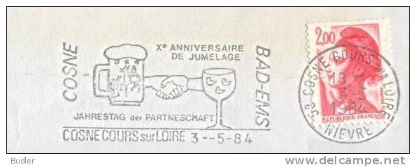 FRANCE : 1984 : Flamme Sur Fragment : BIER,BIERE,BEER,WIJN,VIN,WINE,GLAS,VERRE,GLASS,JUMELAGE, - Autres & Non Classés