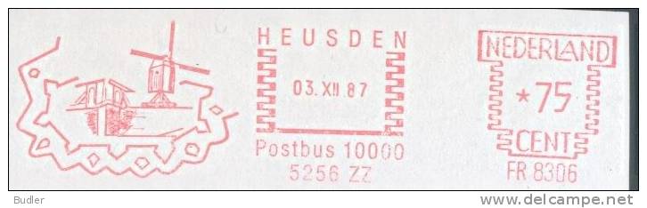 NEDERLAND : 1987 : Red Postal Metermark On Fragment :MOLEN,MOULIN,MILL,BRUG,PONT,BRIDGE,HEUSDEN, - Molens