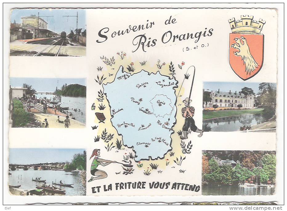 "Souvenir De RIS-ORANGIS" (Essonne)" Et La Friture Vous Attend":Multivues;Carte;Pecheur;la Gare,Chateau,Plage;1960 ;B/TB - Ris Orangis