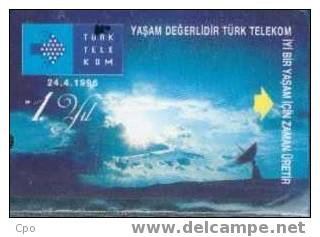 # TURKEY 38 Turk Telekom,1.Yil - The 1st Anniversary-Cloudy Sky With  Antenna (04.96) 100 Tres Bon Etat - Turchia