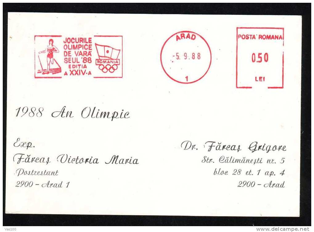 ROMANIA Postcard Rare Temporar Obliteration Olympic Games Seoul 1988, Arad. - Zomer 1988: Seoel