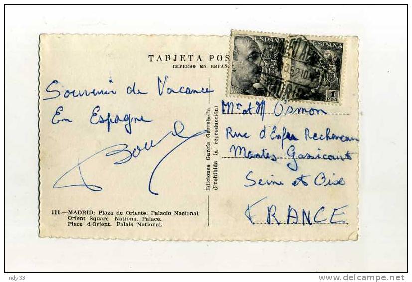 - ESPAGNE POSTE AERIENNE . AFFRANCHISSEMENT COMPOSE SUR CP DE 1952 POUR LA FRANCE . - Cartas & Documentos