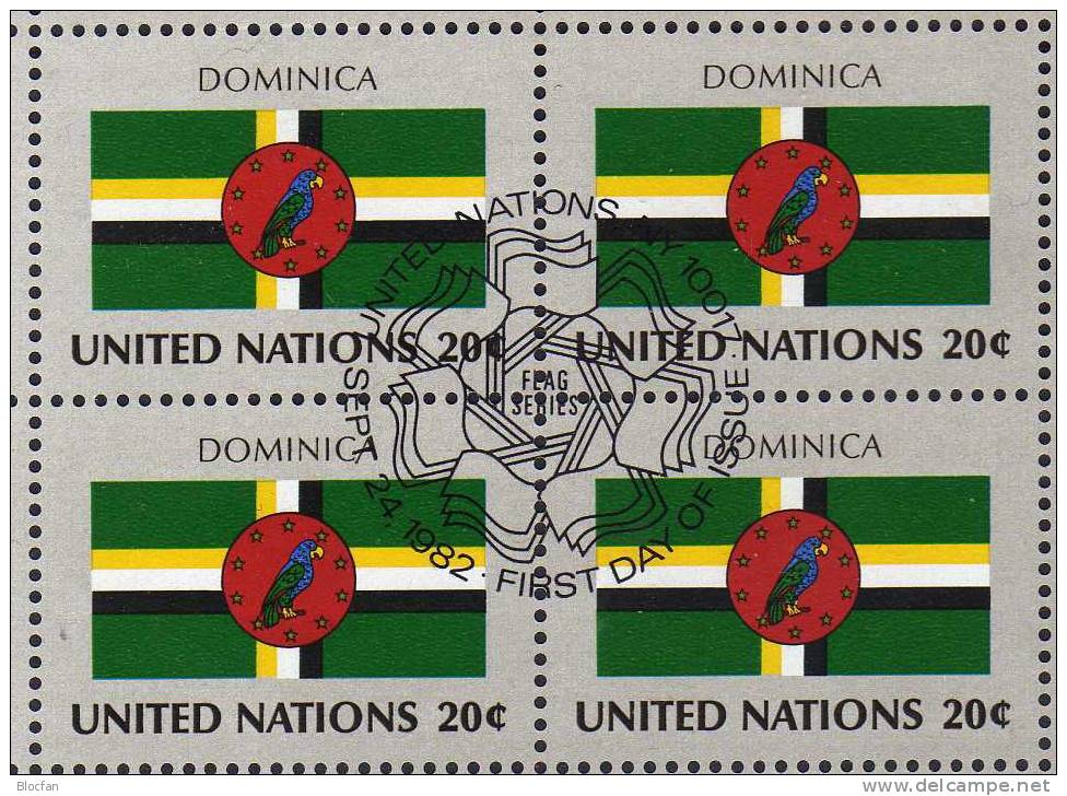 Flagge DOMINICA 1982 UNO New York 403, 4-Block + Kleinbogen O 6€ - Dominica (1978-...)