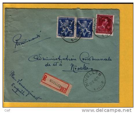 683+691 Op Aangetekende Brief Met Stempel NIVELLES  (VK) - 1936-1957 Offener Kragen