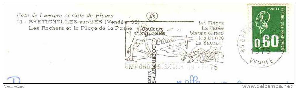 CPSM. BRETIGNOLLES SUR MER. LES ROCHERS ET LA PLAGE DE LA PAREE. DATEE 1975. FLAME. - Bretignolles Sur Mer