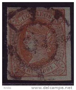 1864 Edifil 67 Isabel II 1 Real Castaño Sobre Verde En Usado Rueda De Carreta, Catálogo 101 Euros - Usados