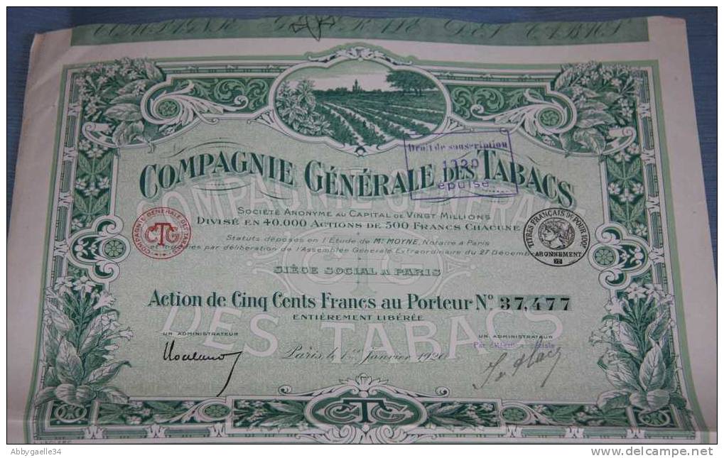 Compagnie Générale Des Tabacs  Action De 500f N°37 477, Illustrée Champs De Tabacs 1er Janvier 1920, Timbre Fiscal - A - C